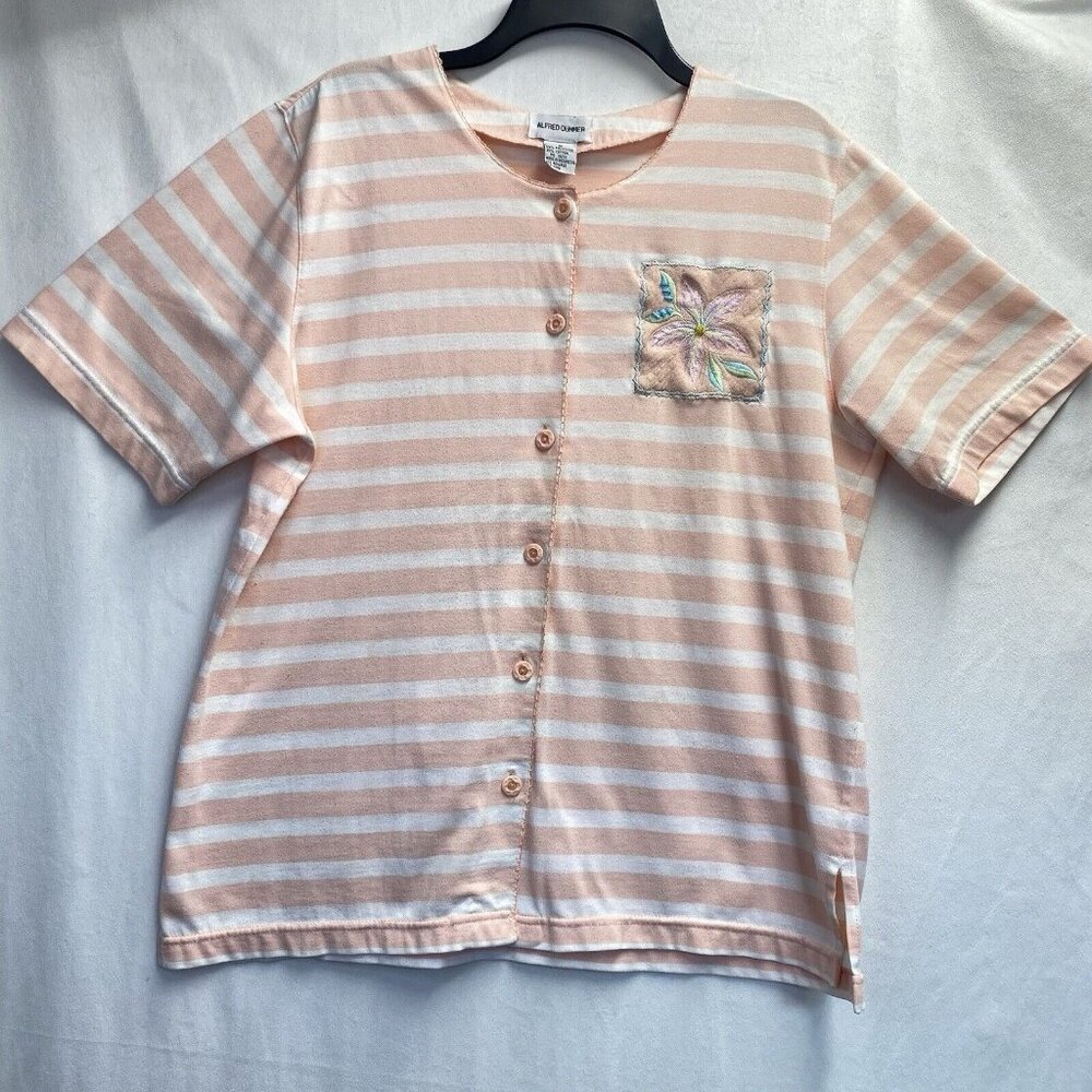 Alfred Dunner Round Neck Front Button Short Sleeve Top Women Medium Pink Stripes